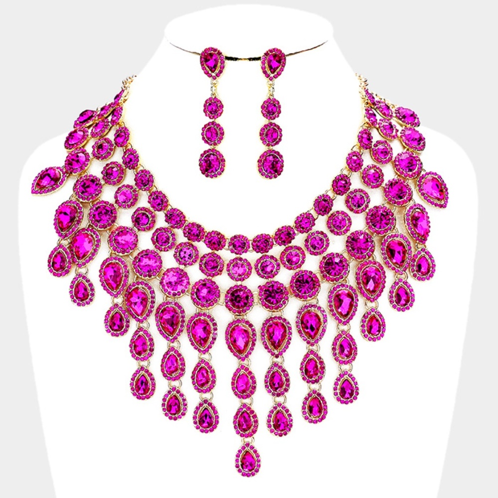Teardrop Glass Crystal Statement Evening Necklace